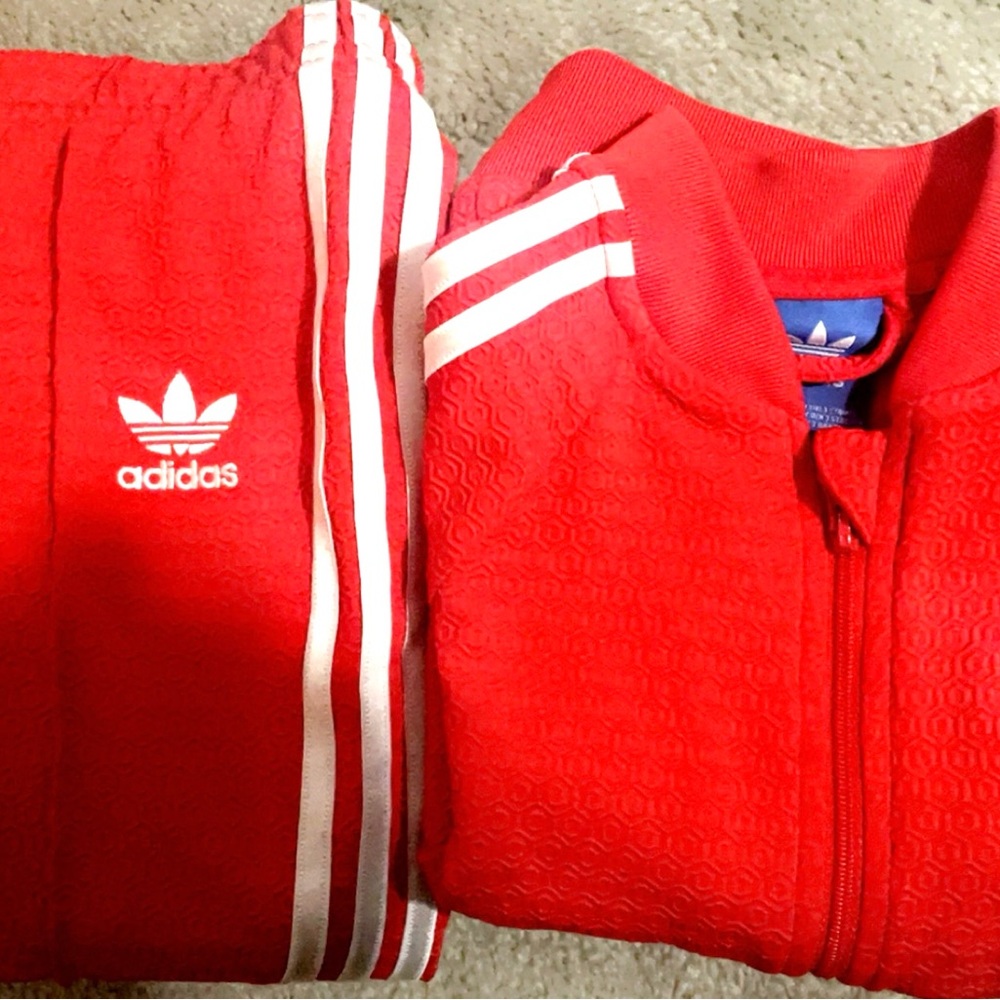 Adidas Red Tracksuit with White Stripes